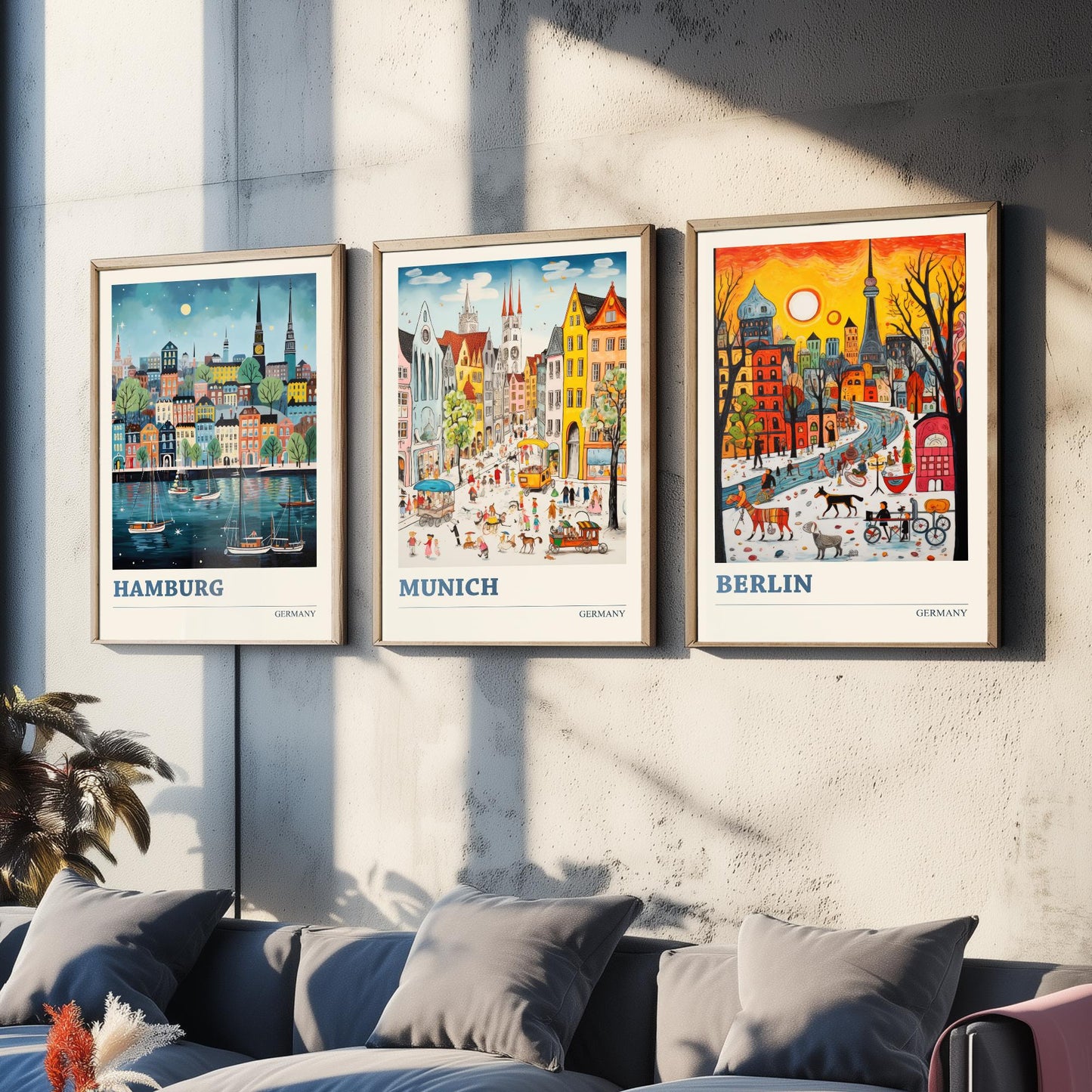 Germany Set of Three Art Prints - Hamburg, Munich, Berlin - Vibrant Naive Travel Posters - Colourful German Cities Illustration
