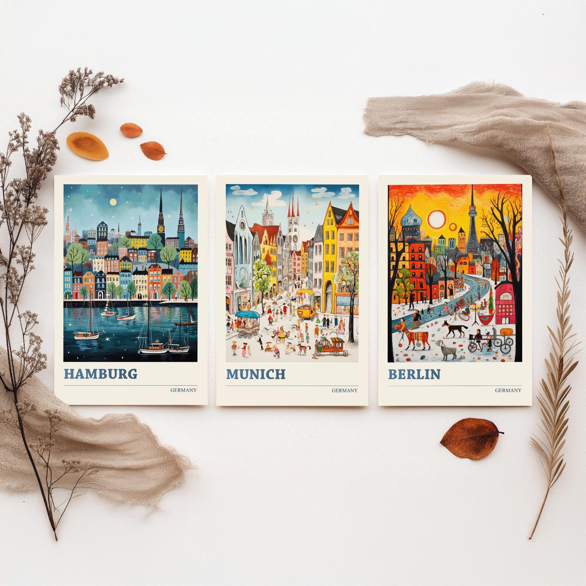 Germany Set of Three Art Prints - Hamburg, Munich, Berlin - Vibrant Naive Travel Posters - Colourful German Cities Illustration
