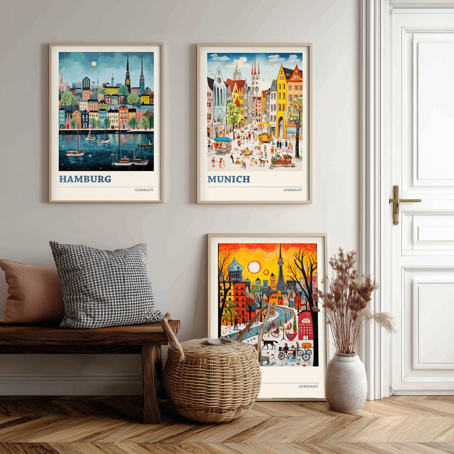 Germany Set of Three Art Prints - Hamburg, Munich, Berlin - Vibrant Naive Travel Posters - Colourful German Cities Illustration