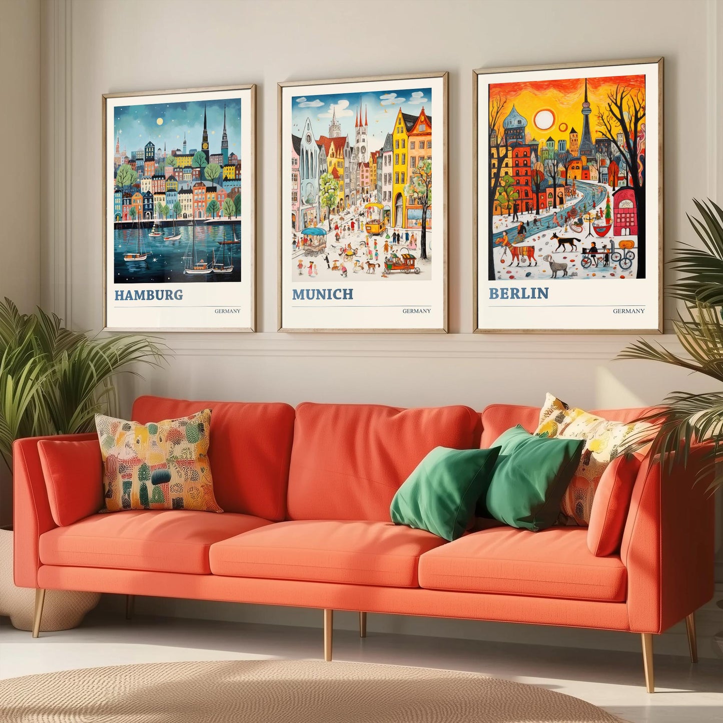 Germany Set of Three Art Prints - Hamburg, Munich, Berlin - Vibrant Naive Travel Posters - Colourful German Cities Illustration