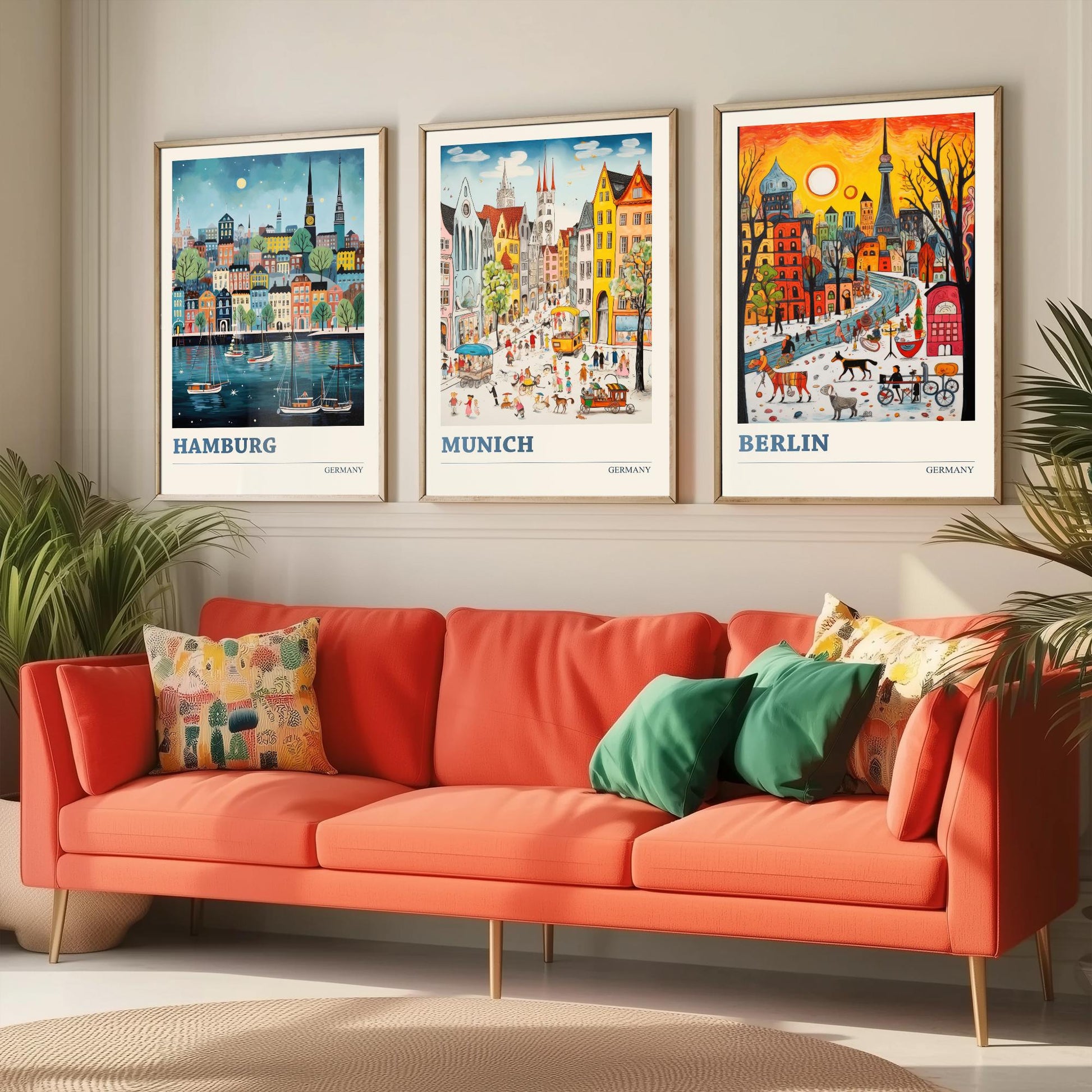 Germany Set of Three Art Prints - Hamburg, Munich, Berlin - Vibrant Naive Travel Posters - Colourful German Cities Illustration