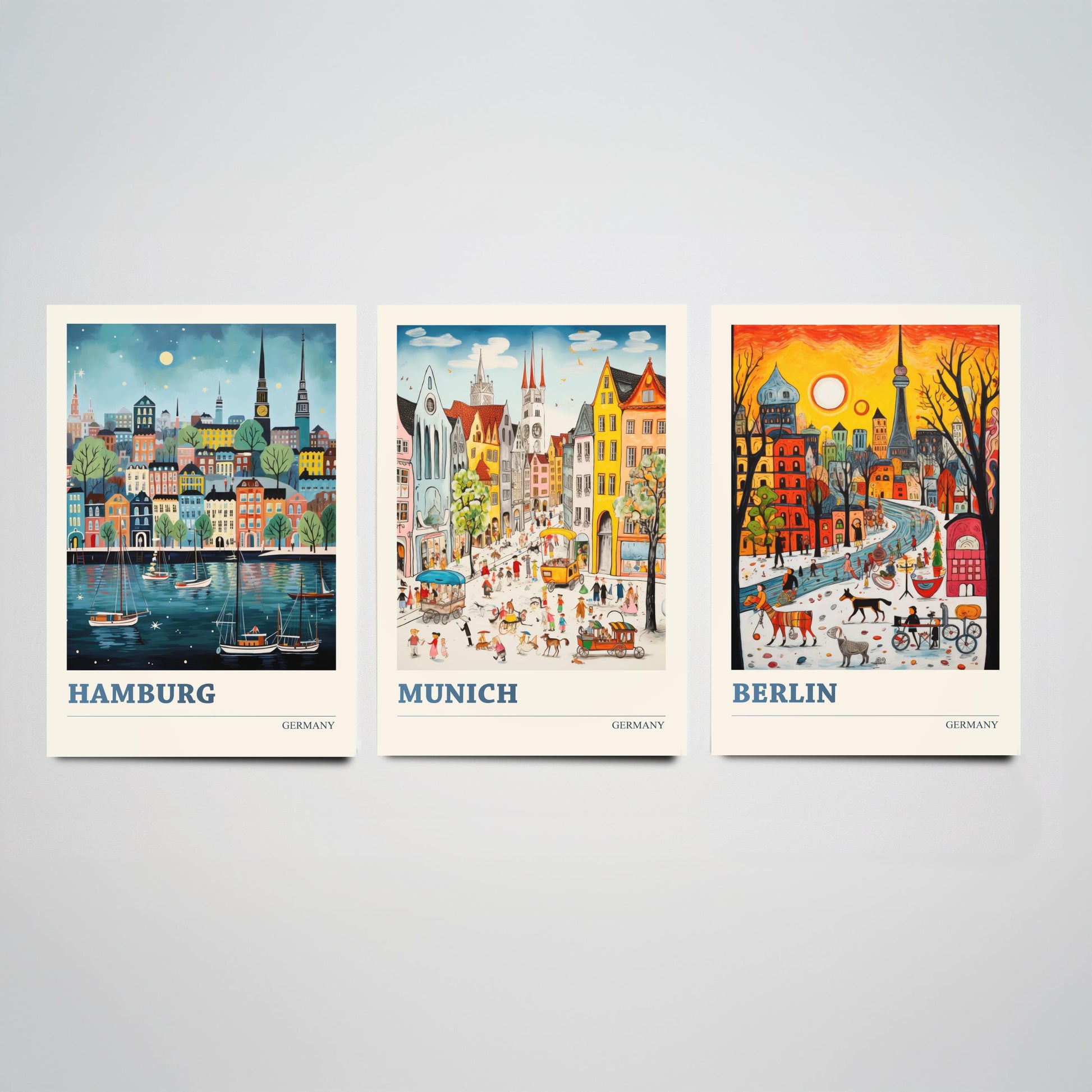 Germany Set of Three Art Prints - Hamburg, Munich, Berlin - Vibrant Naive Travel Posters - Colourful German Cities Illustration