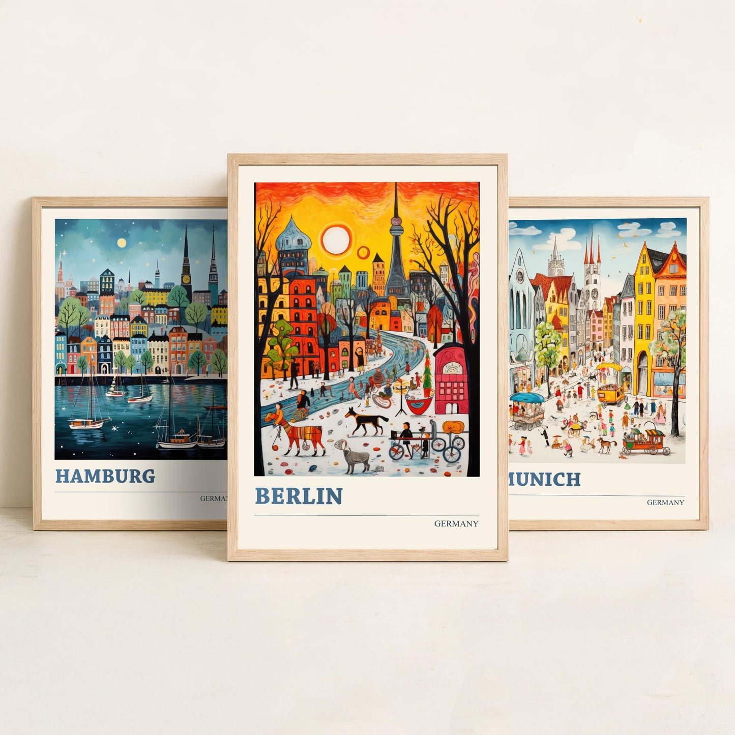 Germany Set of Three Art Prints - Hamburg, Munich, Berlin - Vibrant Naive Travel Posters - Colourful German Cities Illustration