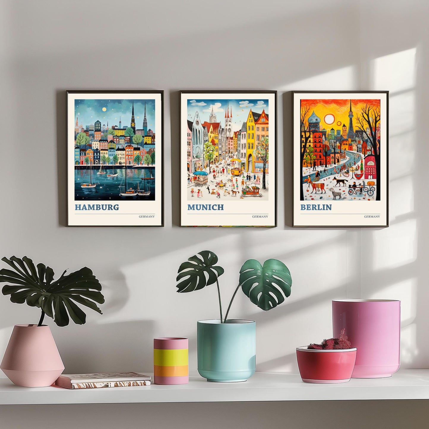 Germany Set of Three Art Prints - Hamburg, Munich, Berlin - Vibrant Naive Travel Posters - Colourful German Cities Illustration