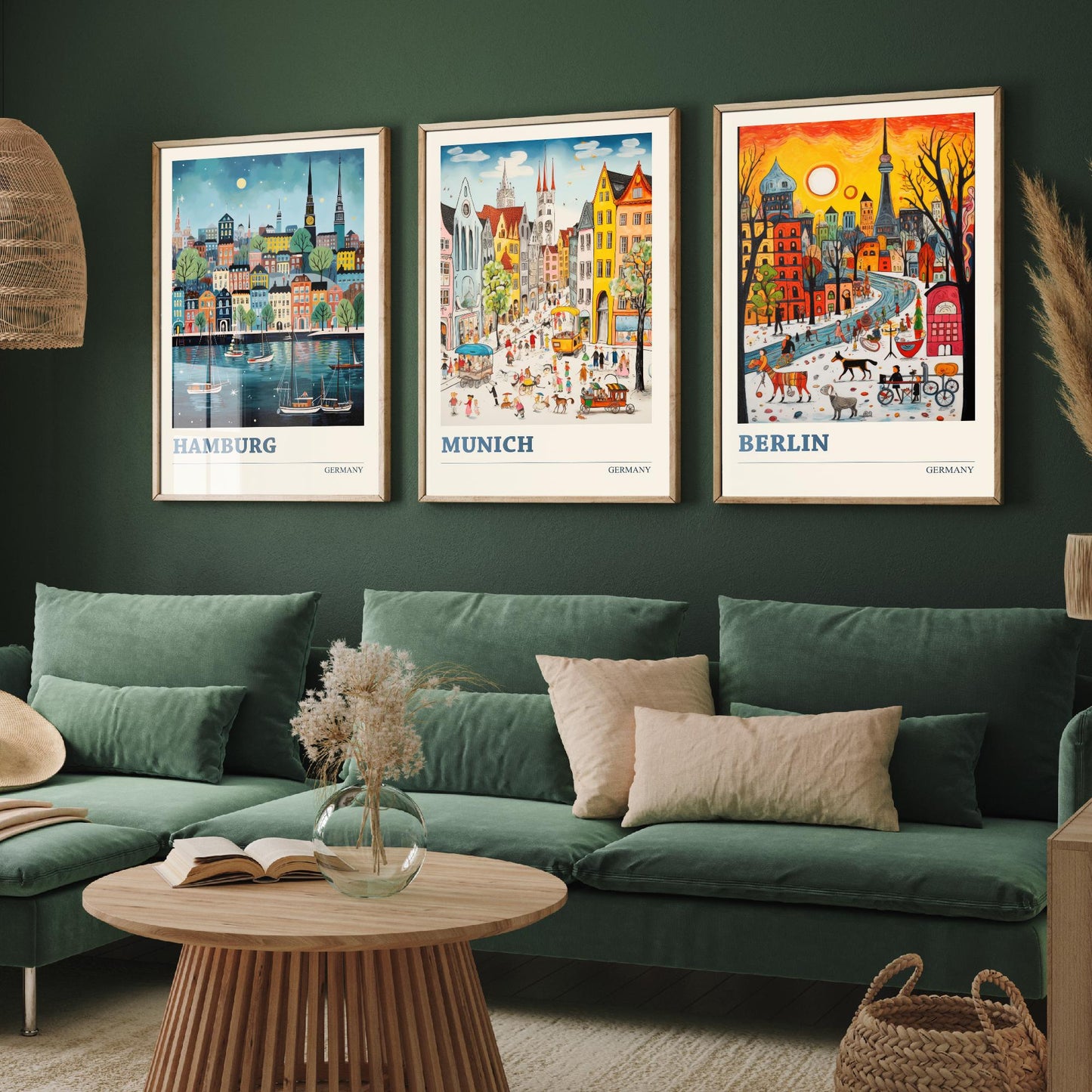 Germany Set of Three Art Prints - Hamburg, Munich, Berlin - Vibrant Naive Travel Posters - Colourful German Cities Illustration