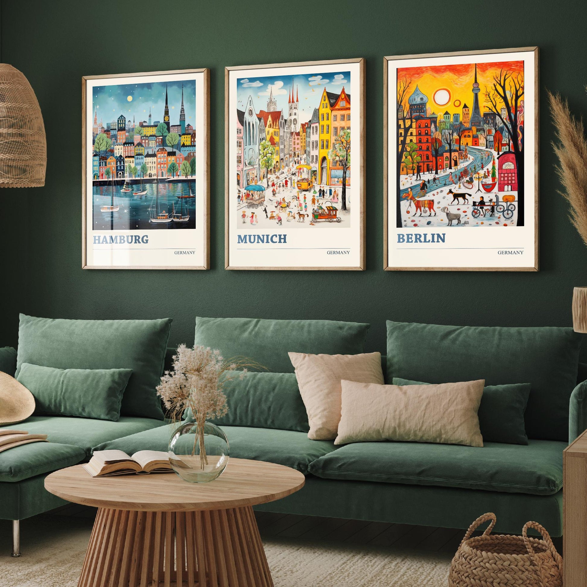 Germany Set of Three Art Prints - Hamburg, Munich, Berlin - Vibrant Naive Travel Posters - Colourful German Cities Illustration