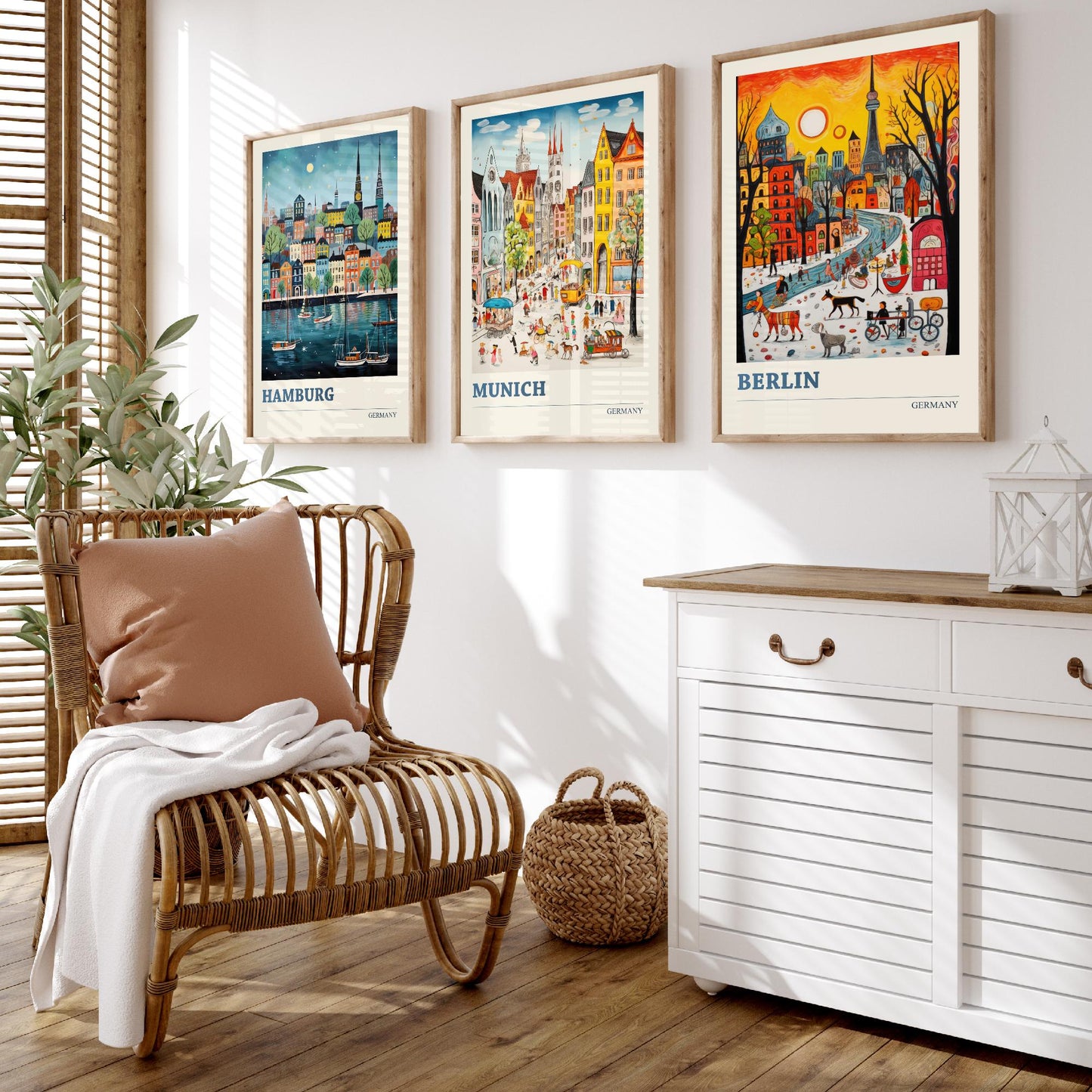 Germany Set of Three Art Prints - Hamburg, Munich, Berlin - Vibrant Naive Travel Posters - Colourful German Cities Illustration