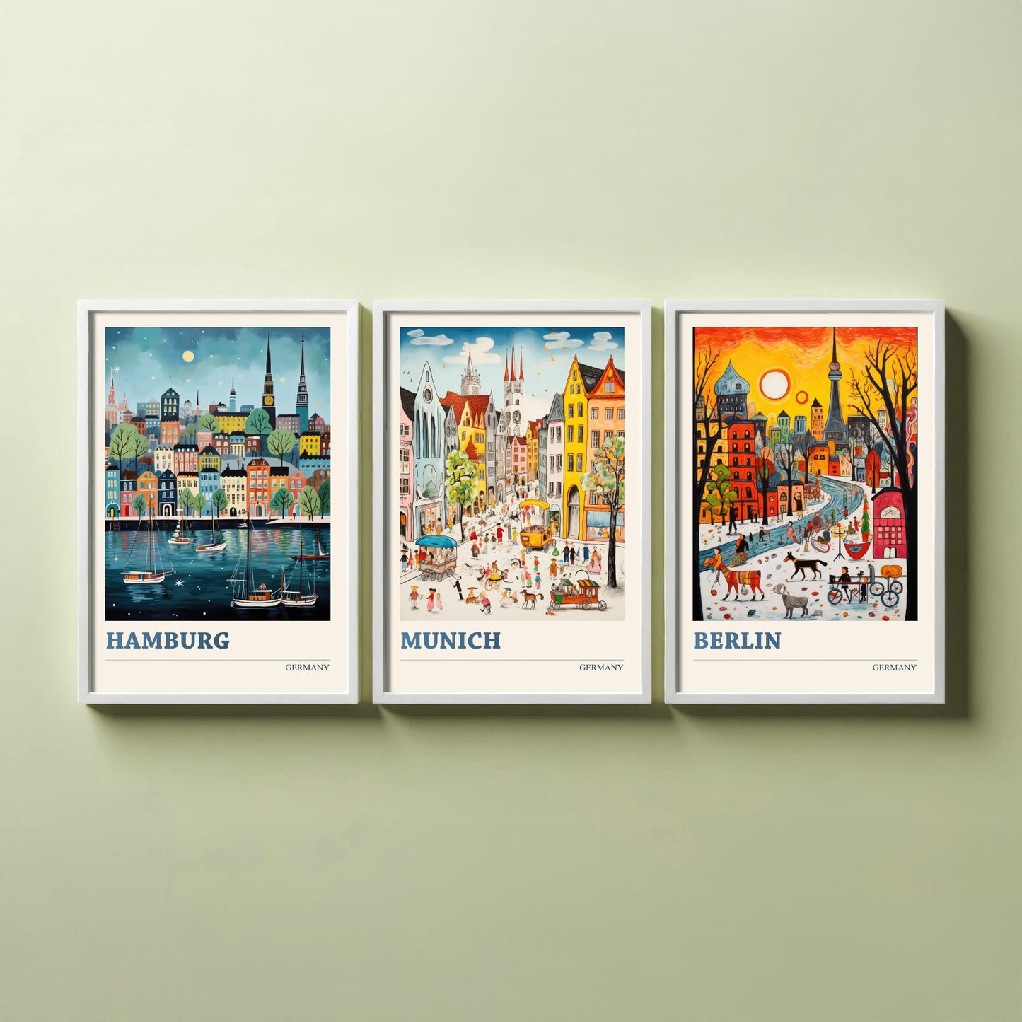 Germany Set of Three Art Prints - Hamburg, Munich, Berlin - Vibrant Naive Travel Posters - Colourful German Cities Illustration
