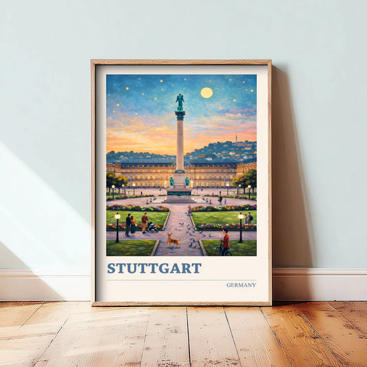 Stuttgart Travel Poster - Germany Art Print - Vibrant City Painting - Schlossplatz Starry Night 1/3