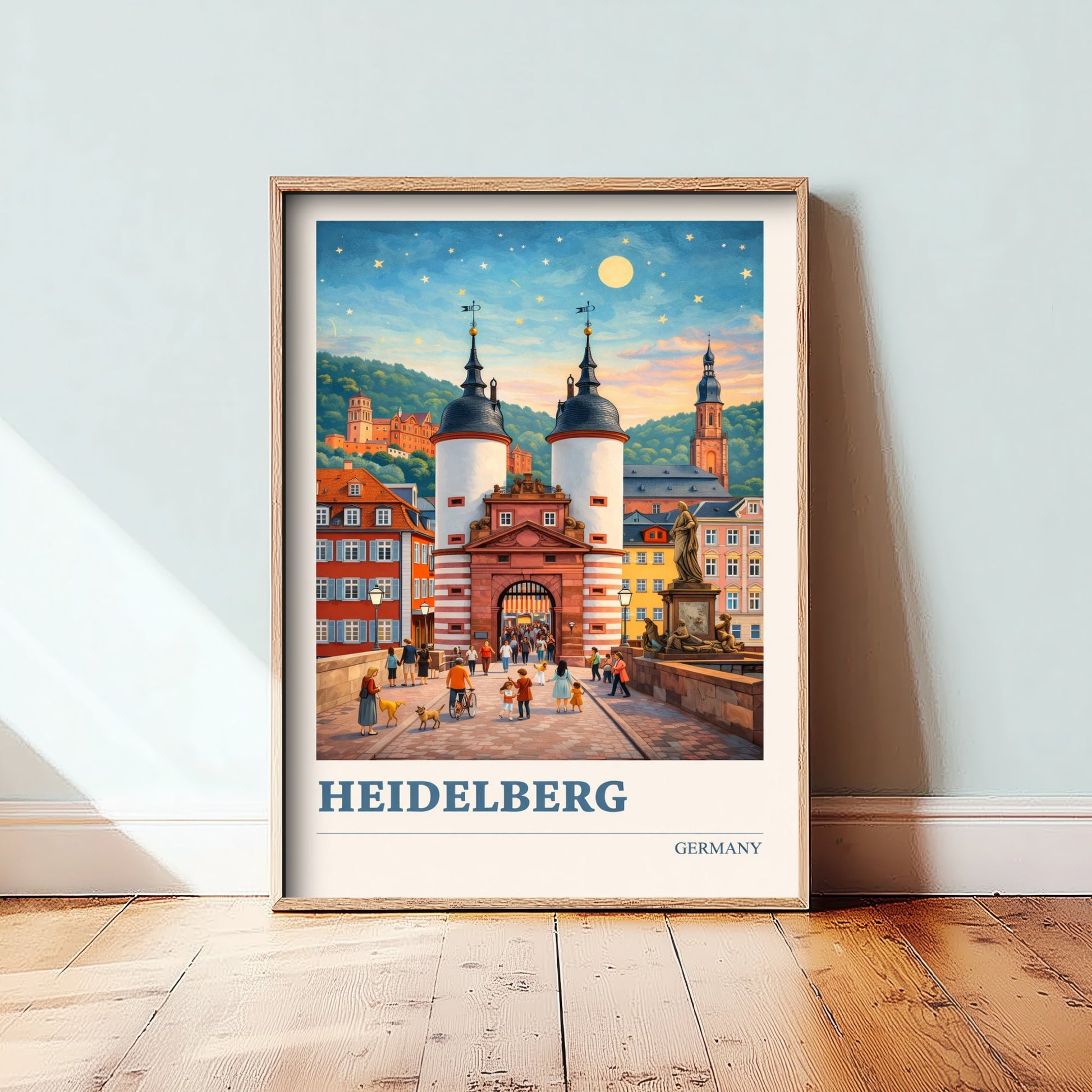 Heidelberg Travel Poster - Germany Art Print - Vibrant City Painting - Old Bridge Starry Night 2/3