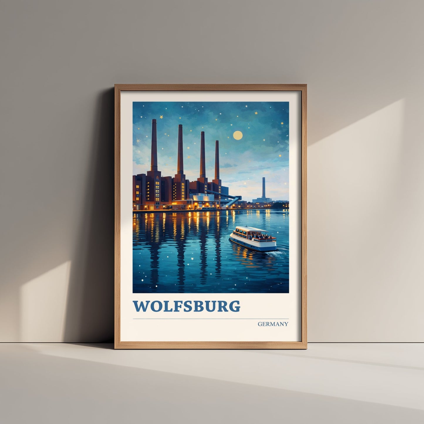 Wolfsburg Travel Poster - Germany Art Print - Vibrant City Painting - Riverside Night Skyline 3/3