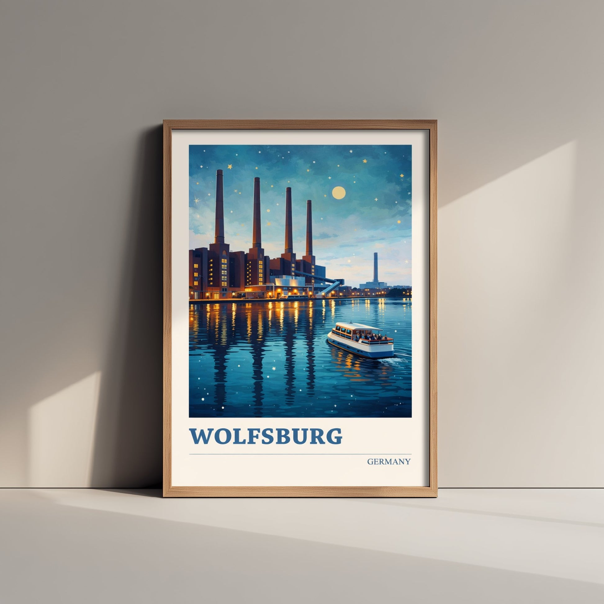 Wolfsburg Travel Poster - Germany Art Print - Vibrant City Painting - Riverside Night Skyline 3/3