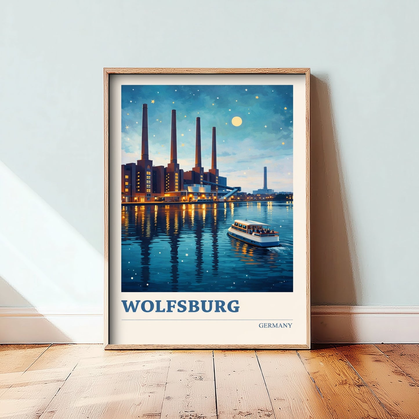 Wolfsburg Travel Poster - Germany Art Print - Vibrant City Painting - Riverside Night Skyline 3/3