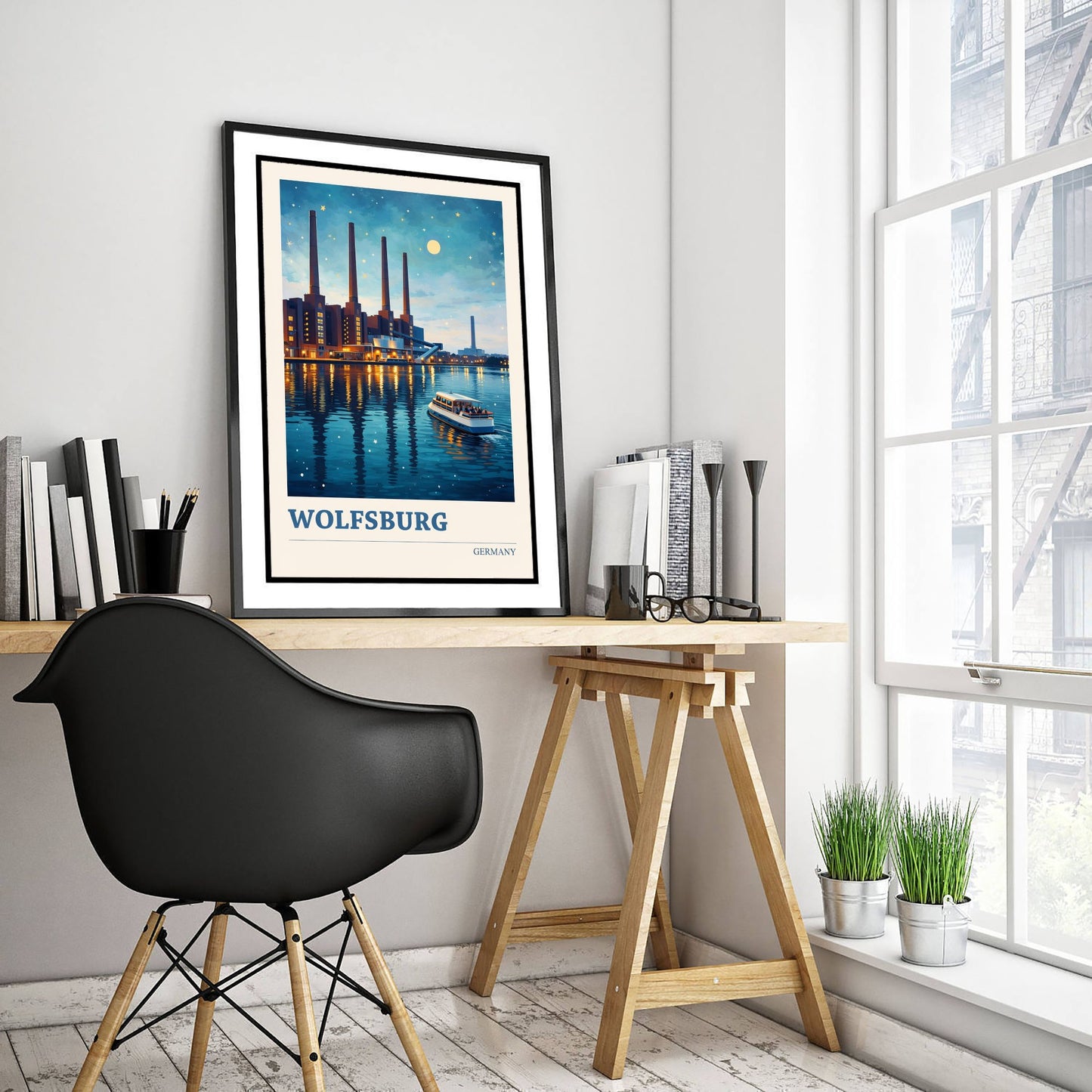 Wolfsburg Travel Poster - Germany Art Print - Vibrant City Painting - Riverside Night Skyline 3/3