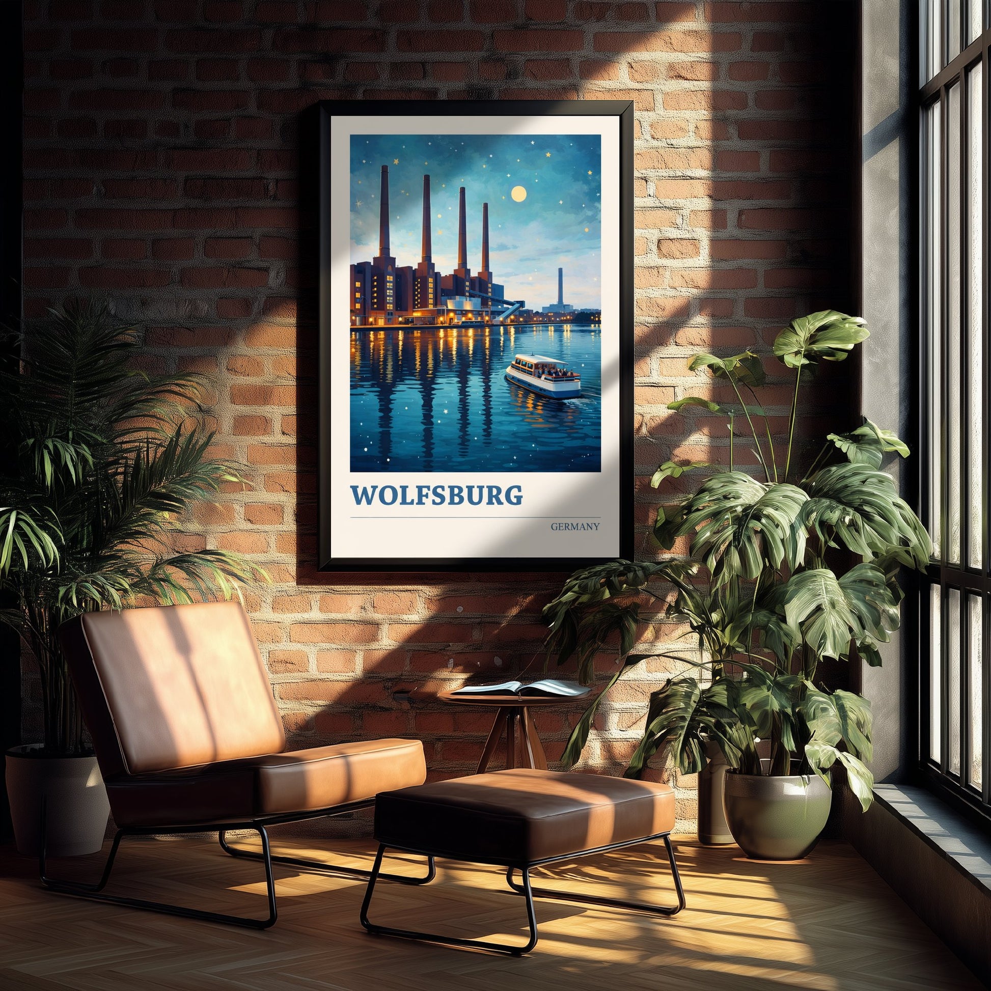 Wolfsburg Travel Poster - Germany Art Print - Vibrant City Painting - Riverside Night Skyline 3/3