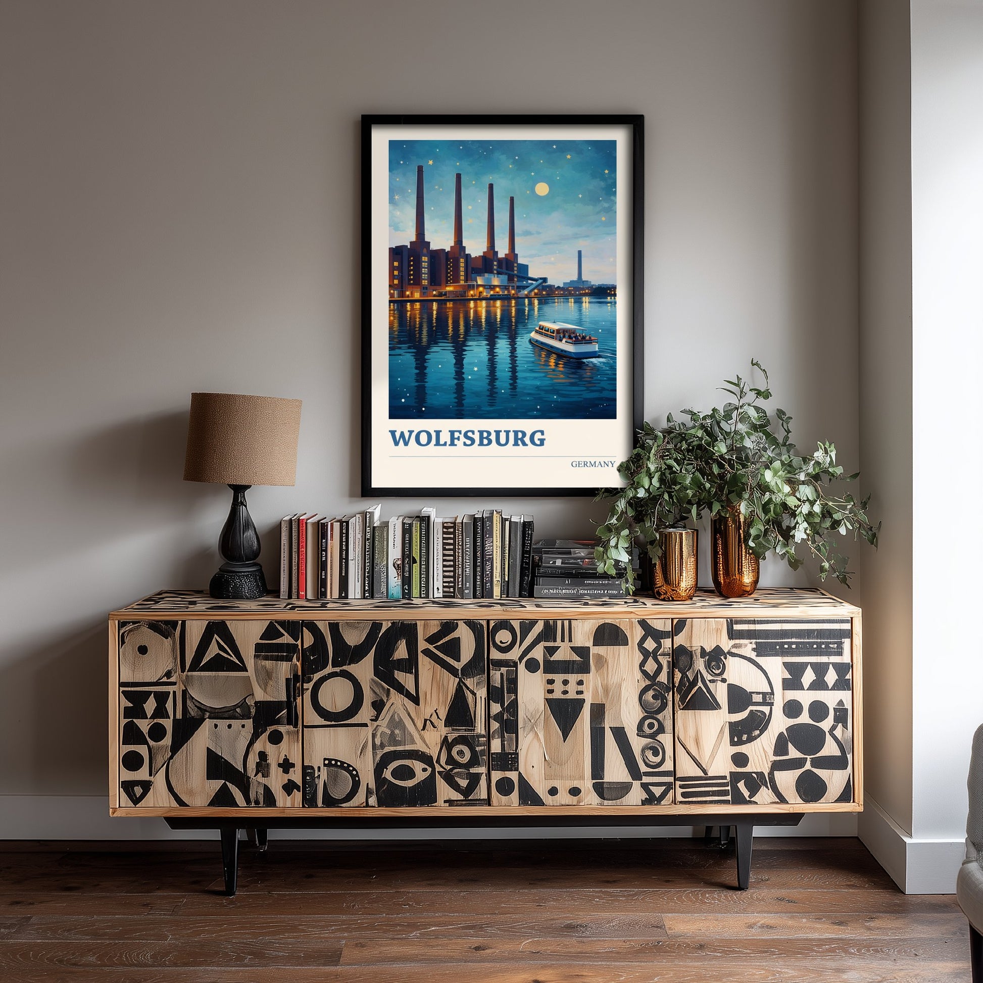 Wolfsburg Travel Poster - Germany Art Print - Vibrant City Painting - Riverside Night Skyline 3/3