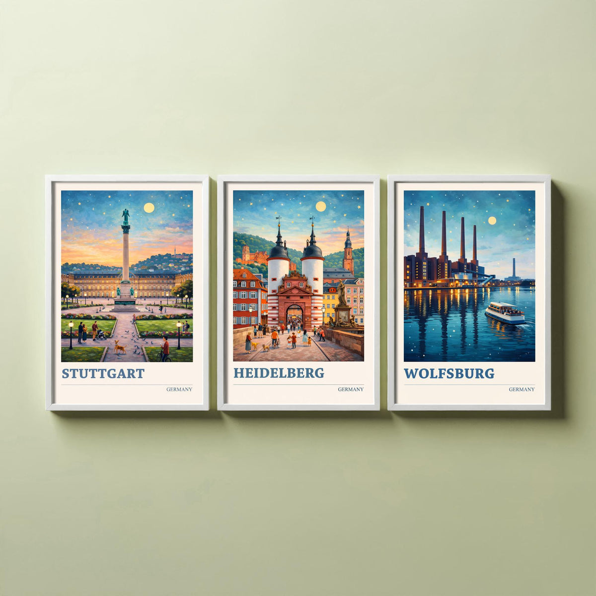 Germany Set of Three Travel Posters - Stuttgart, Heidelberg, Wolfsburg - 3 Vibrant Art Prints Painting Illustration Gift City