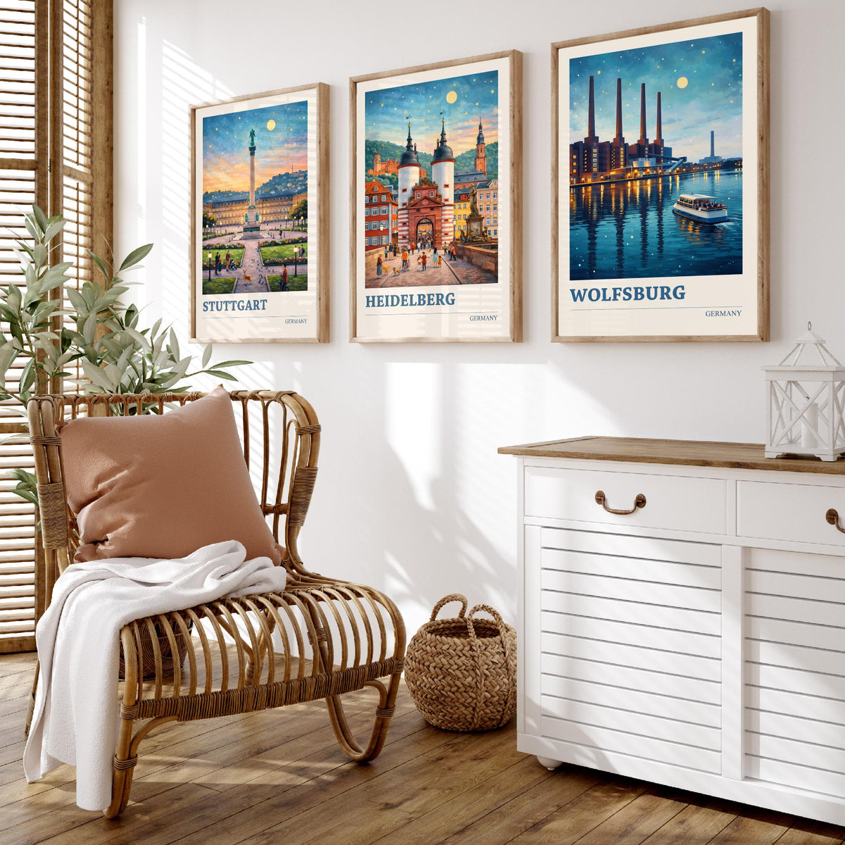 Germany Set of Three Travel Posters - Stuttgart, Heidelberg, Wolfsburg - 3 Vibrant Art Prints Painting Illustration Gift City