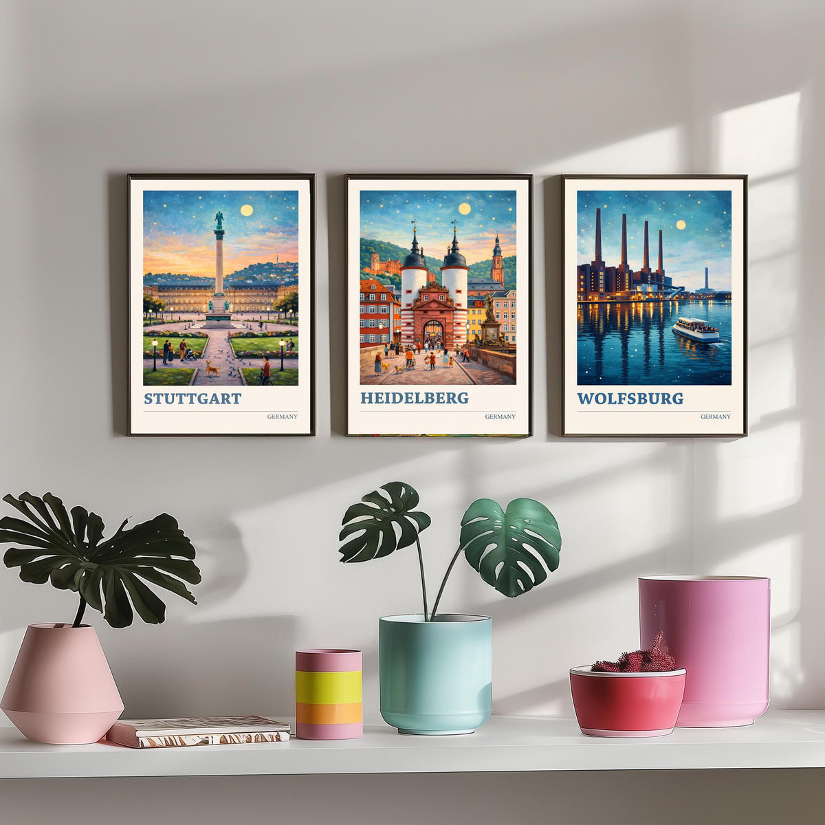 Germany Set of Three Travel Posters - Stuttgart, Heidelberg, Wolfsburg - 3 Vibrant Art Prints Painting Illustration Gift City