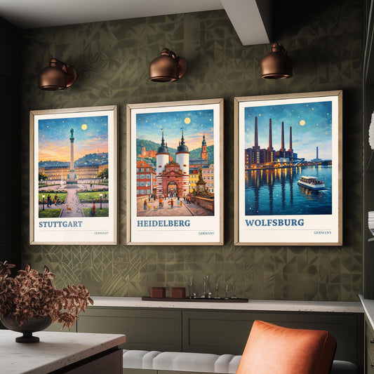 Germany Set of Three Travel Posters - Stuttgart, Heidelberg, Wolfsburg - 3 Vibrant Art Prints Painting Illustration Gift City