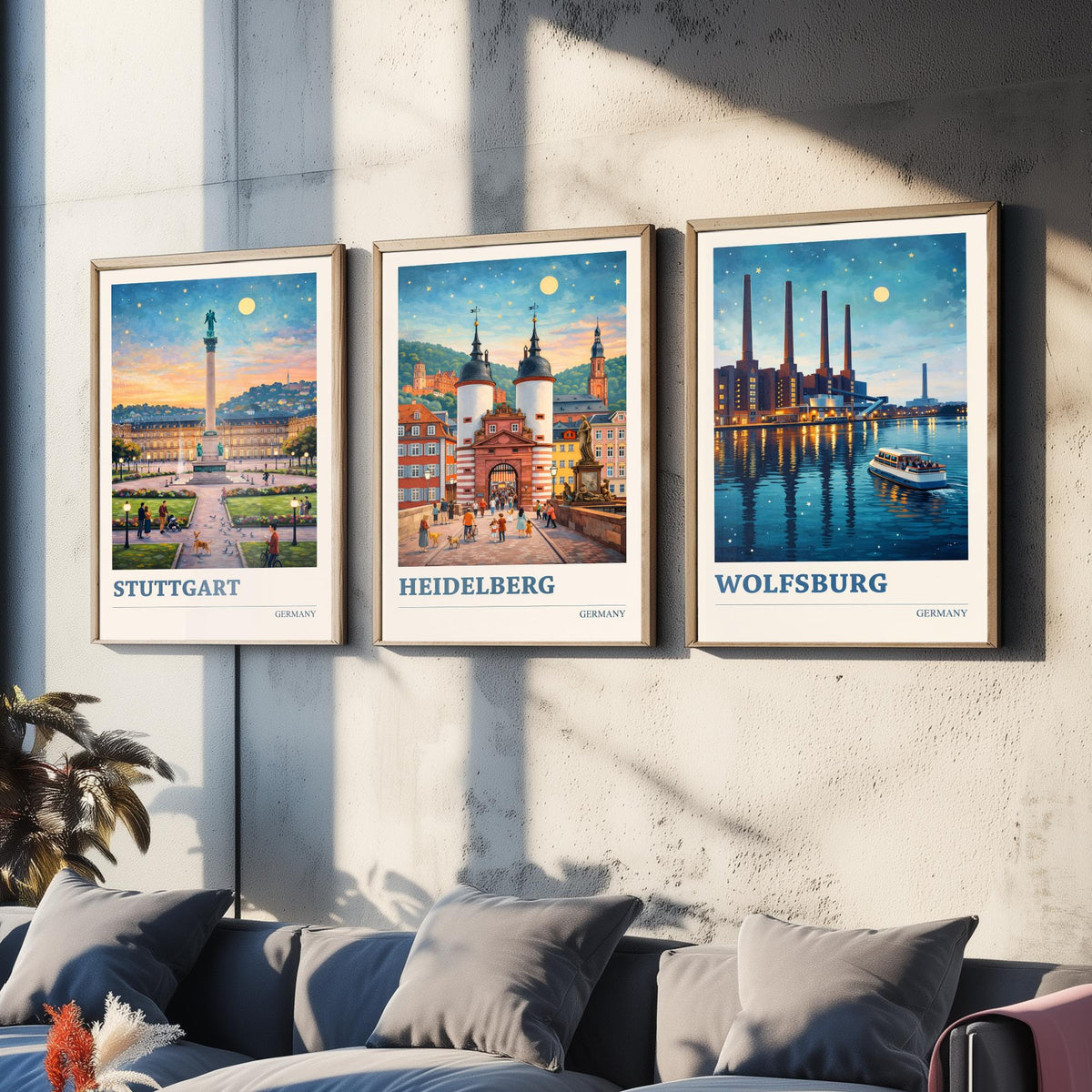Germany Set of Three Travel Posters - Stuttgart, Heidelberg, Wolfsburg - 3 Vibrant Art Prints Painting Illustration Gift City