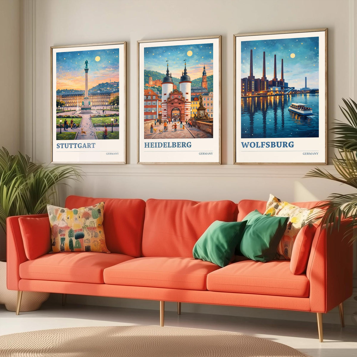 Germany Set of Three Travel Posters - Stuttgart, Heidelberg, Wolfsburg - 3 Vibrant Art Prints Painting Illustration Gift City