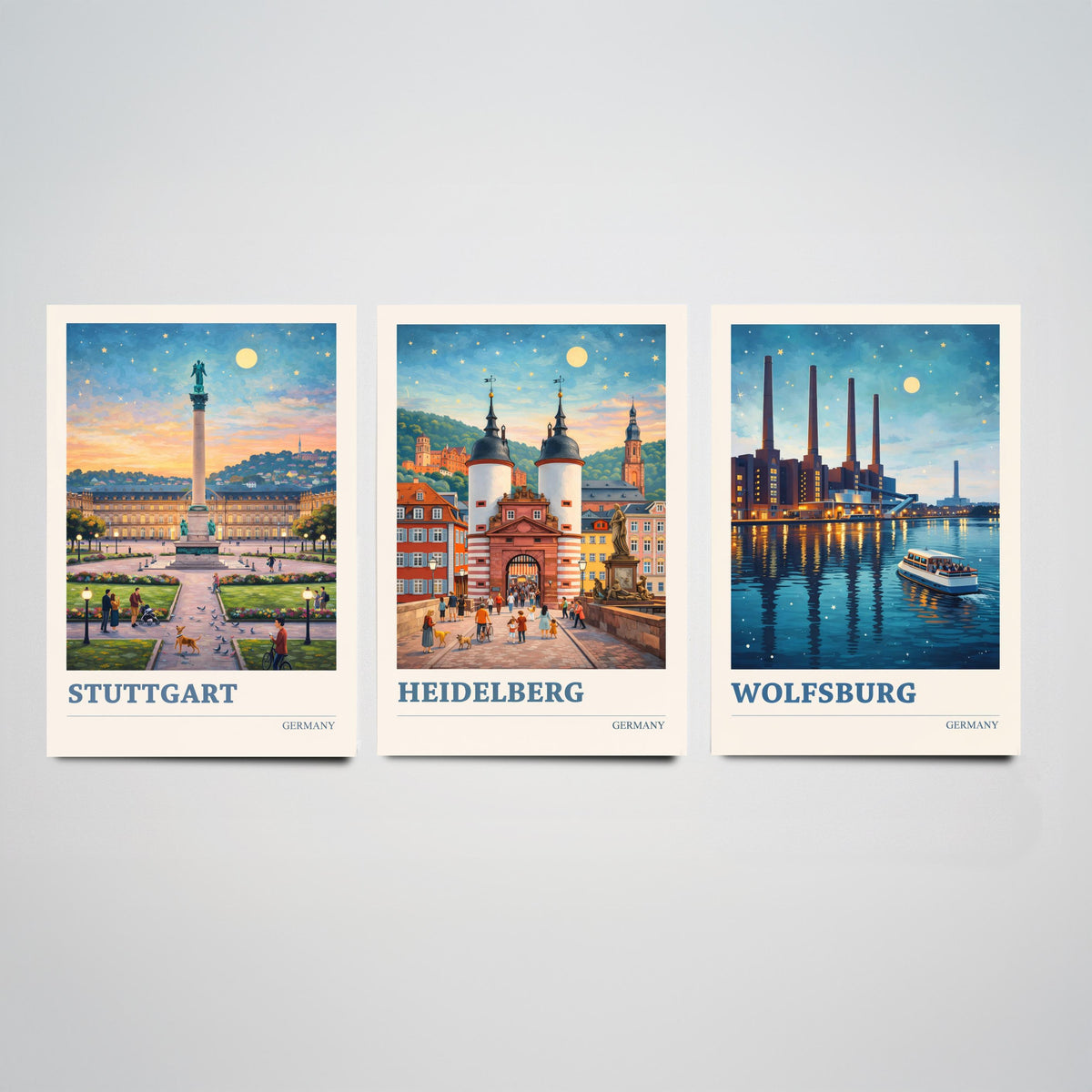 Germany Set of Three Travel Posters - Stuttgart, Heidelberg, Wolfsburg - 3 Vibrant Art Prints Painting Illustration Gift City