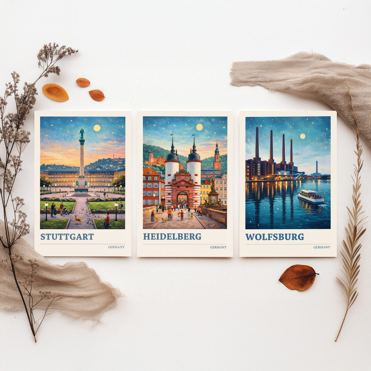 Germany Set of Three Travel Posters - Stuttgart, Heidelberg, Wolfsburg - 3 Vibrant Art Prints Painting Illustration Gift City