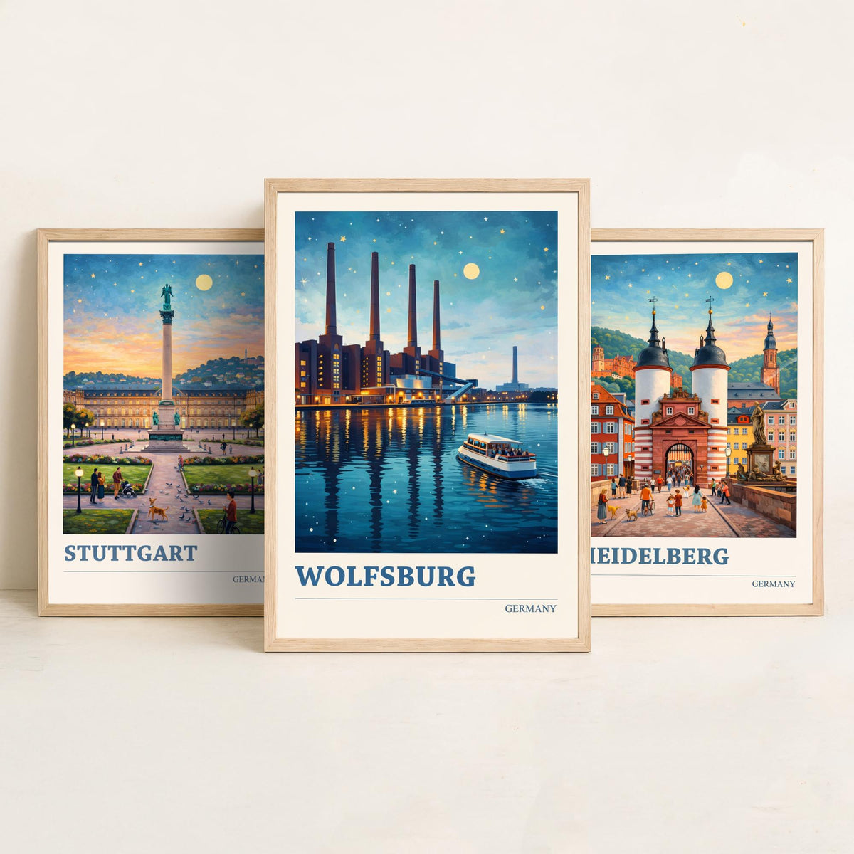 Germany Set of Three Travel Posters - Stuttgart, Heidelberg, Wolfsburg - 3 Vibrant Art Prints Painting Illustration Gift City