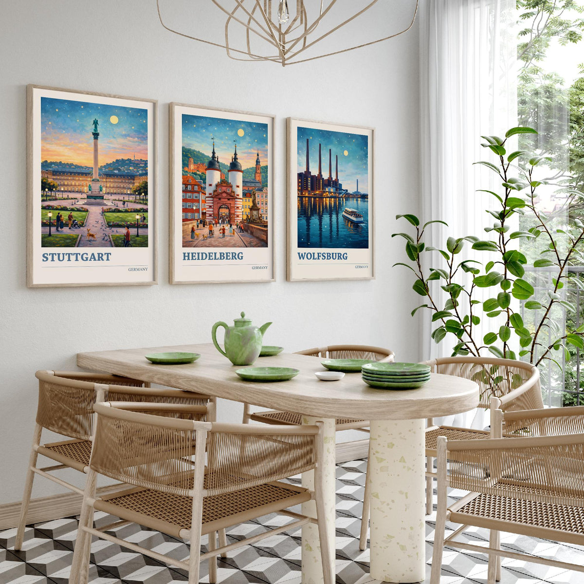 Germany Set of Three Travel Posters - Stuttgart, Heidelberg, Wolfsburg - 3 Vibrant Art Prints Painting Illustration Gift City