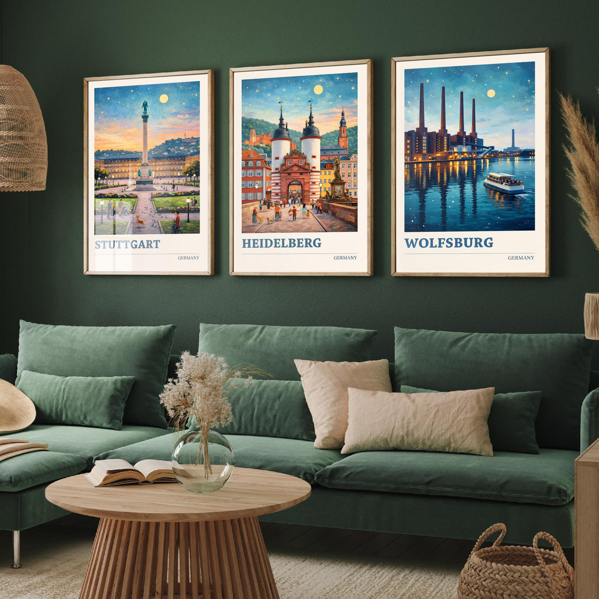 Germany Set of Three Travel Posters - Stuttgart, Heidelberg, Wolfsburg - 3 Vibrant Art Prints Painting Illustration Gift City