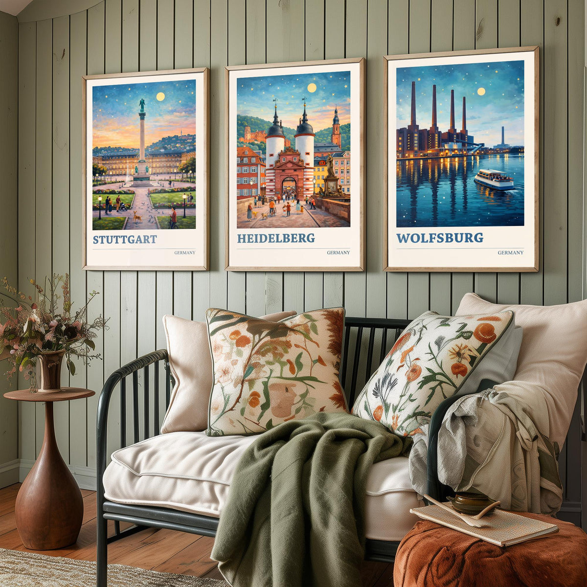 Germany Set of Three Travel Posters - Stuttgart, Heidelberg, Wolfsburg - 3 Vibrant Art Prints Painting Illustration Gift City