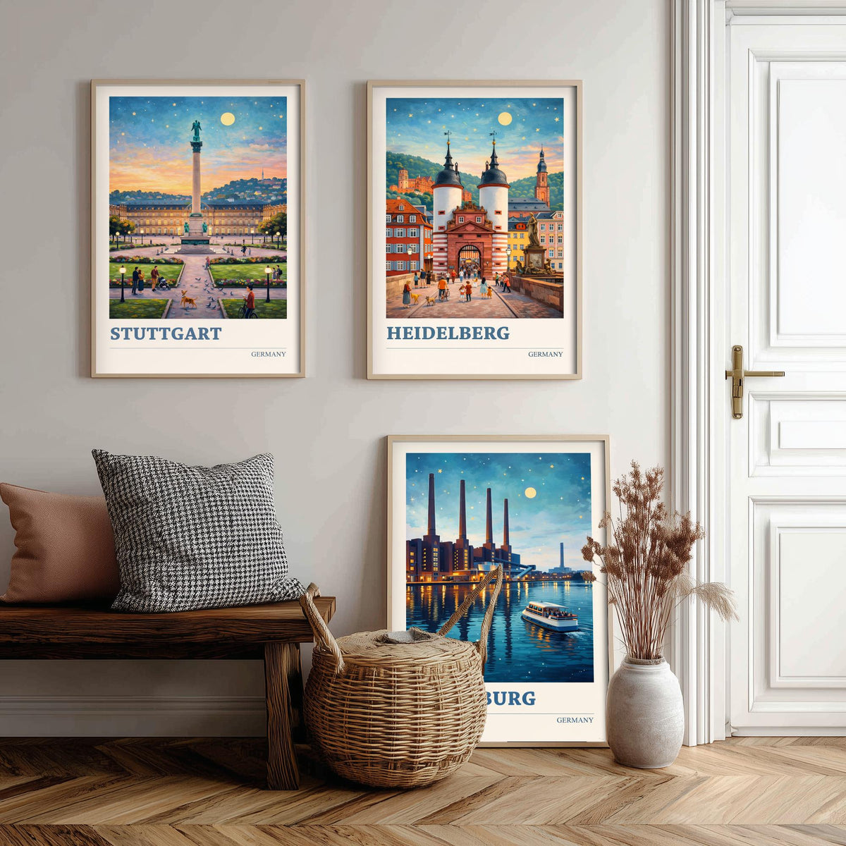 Germany Set of Three Travel Posters - Stuttgart, Heidelberg, Wolfsburg - 3 Vibrant Art Prints Painting Illustration Gift City