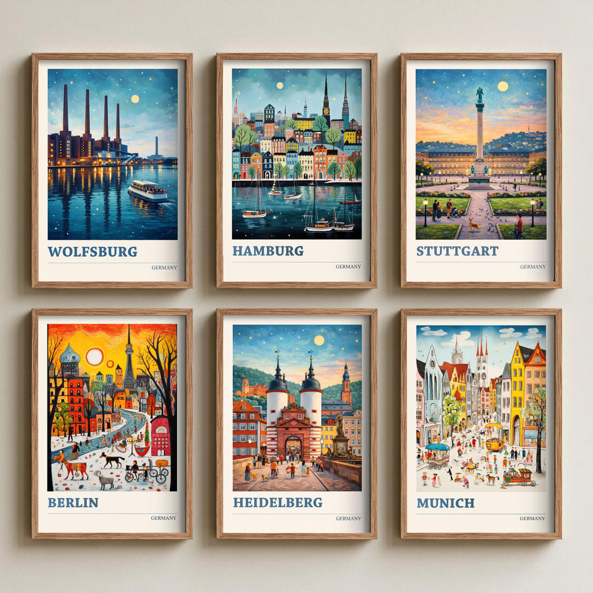 Set of Six Germany Travel Posters - 6 Ludwig Art Prints - Wolfsburg, Hamburg, Stuttgart, Berlin, Heidelberg, Munich Painting