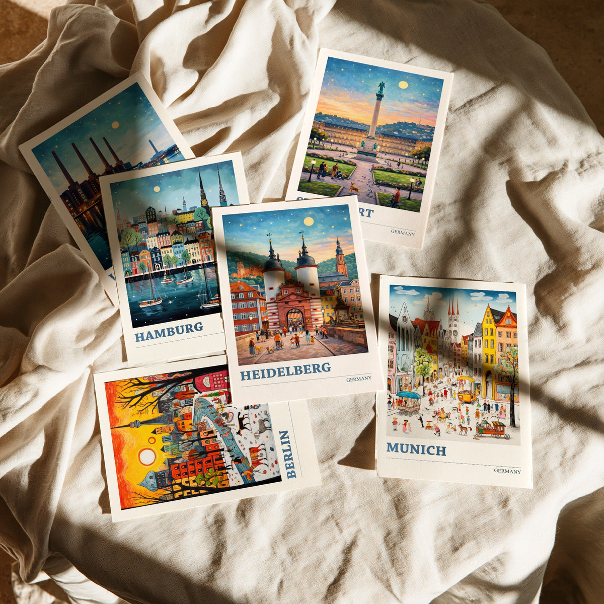 Set of Six Germany Travel Posters - 6 Ludwig Art Prints - Wolfsburg, Hamburg, Stuttgart, Berlin, Heidelberg, Munich Painting
