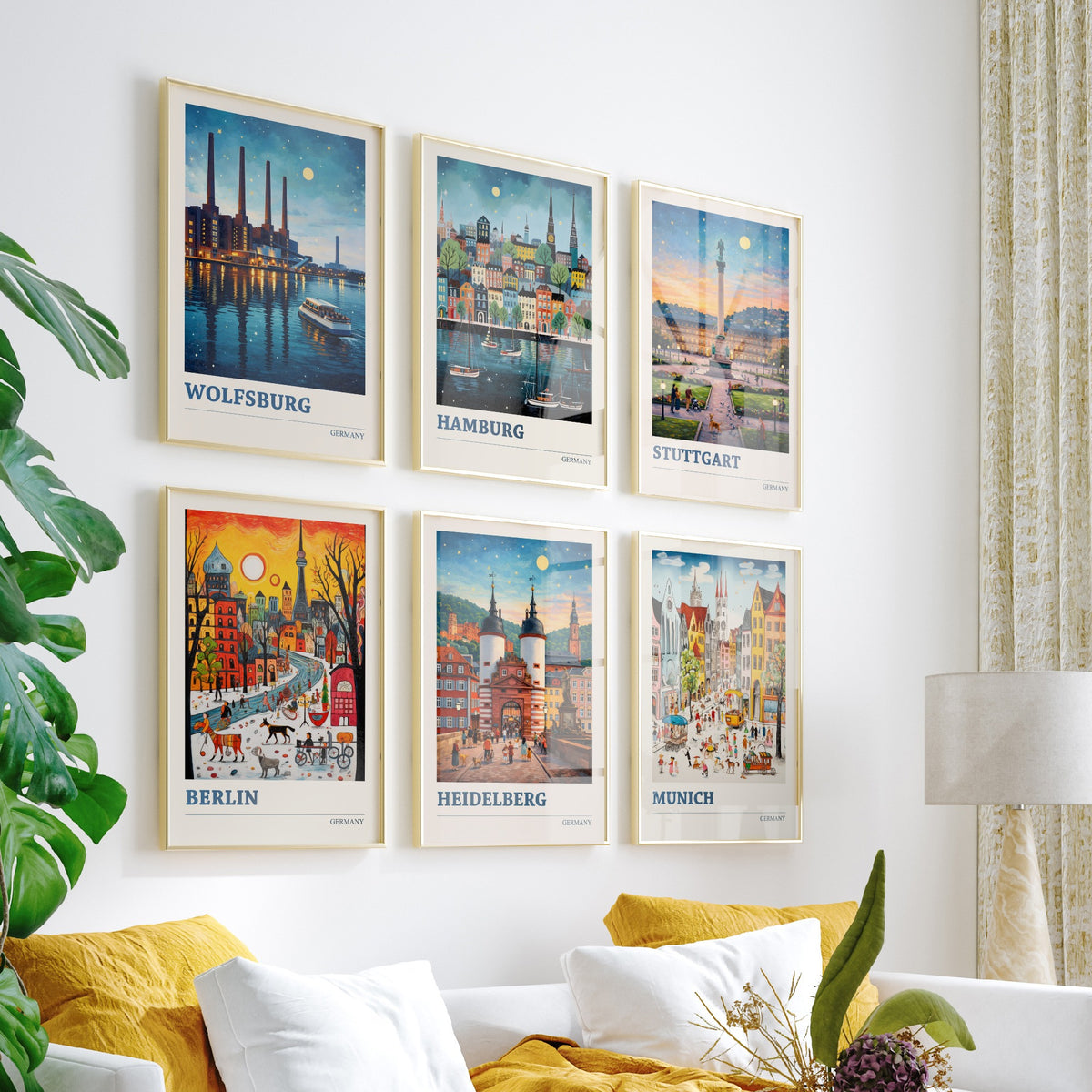 Set of Six Germany Travel Posters - 6 Ludwig Art Prints - Wolfsburg, Hamburg, Stuttgart, Berlin, Heidelberg, Munich Painting