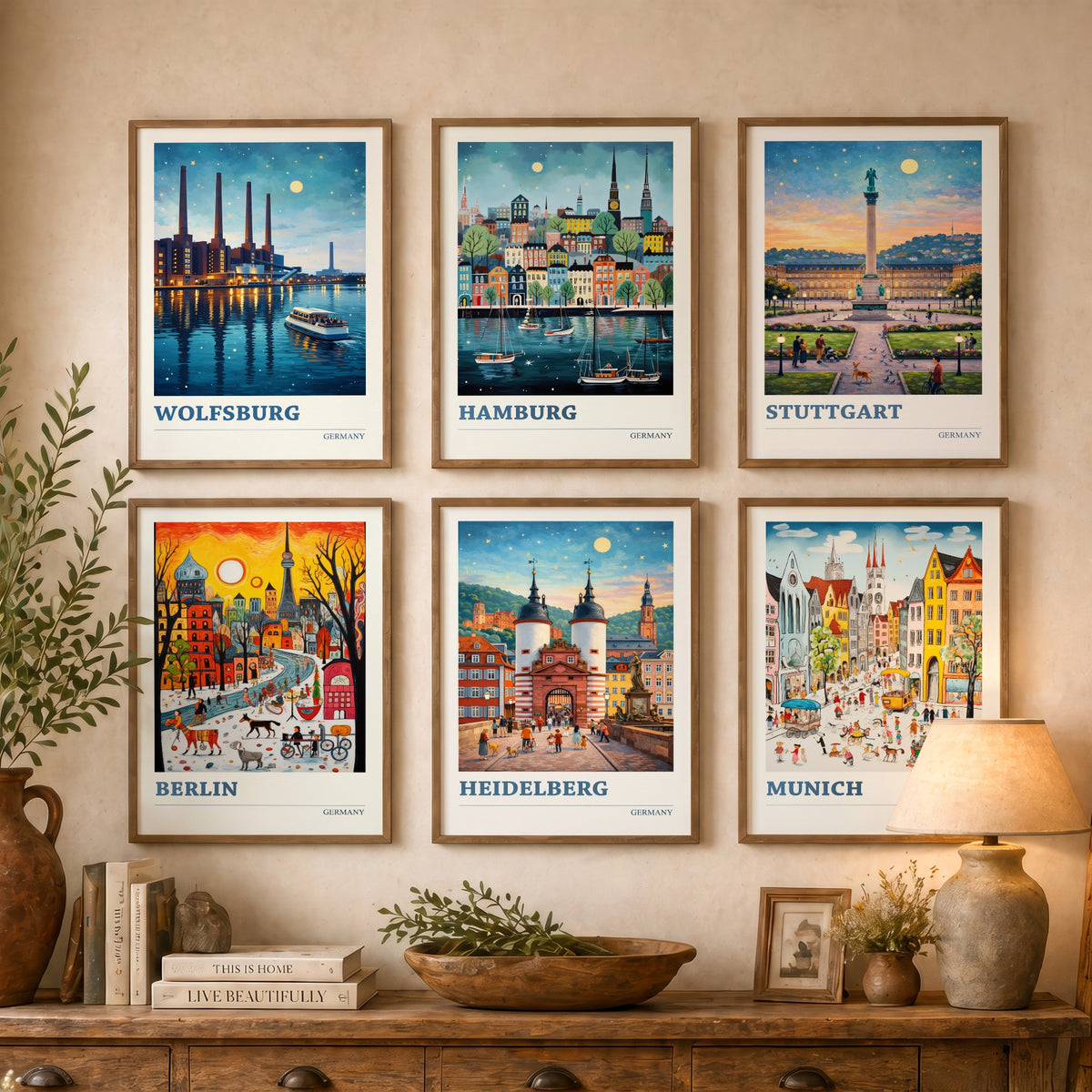 Set of Six Germany Travel Posters - 6 Ludwig Art Prints - Wolfsburg, Hamburg, Stuttgart, Berlin, Heidelberg, Munich Painting