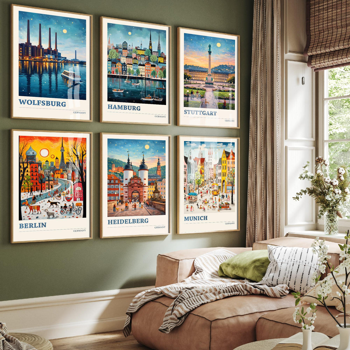 Set of Six Germany Travel Posters - 6 Ludwig Art Prints - Wolfsburg, Hamburg, Stuttgart, Berlin, Heidelberg, Munich Painting