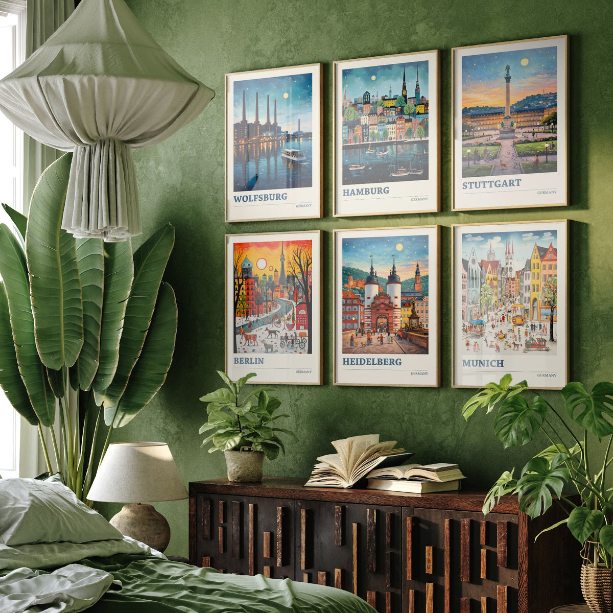 Set of Six Germany Travel Posters - 6 Ludwig Art Prints - Wolfsburg, Hamburg, Stuttgart, Berlin, Heidelberg, Munich Painting