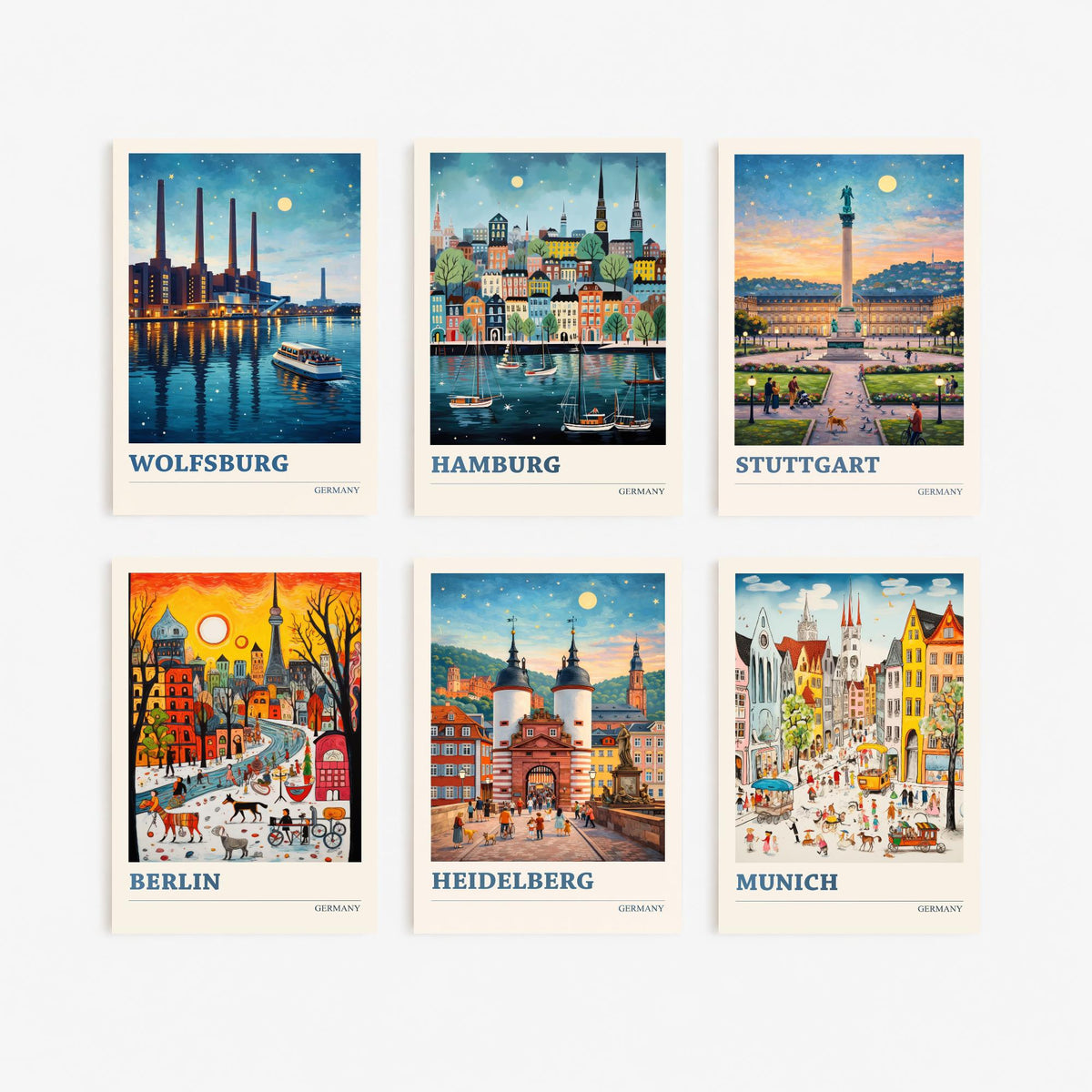 Set of Six Germany Travel Posters - 6 Ludwig Art Prints - Wolfsburg, Hamburg, Stuttgart, Berlin, Heidelberg, Munich Painting