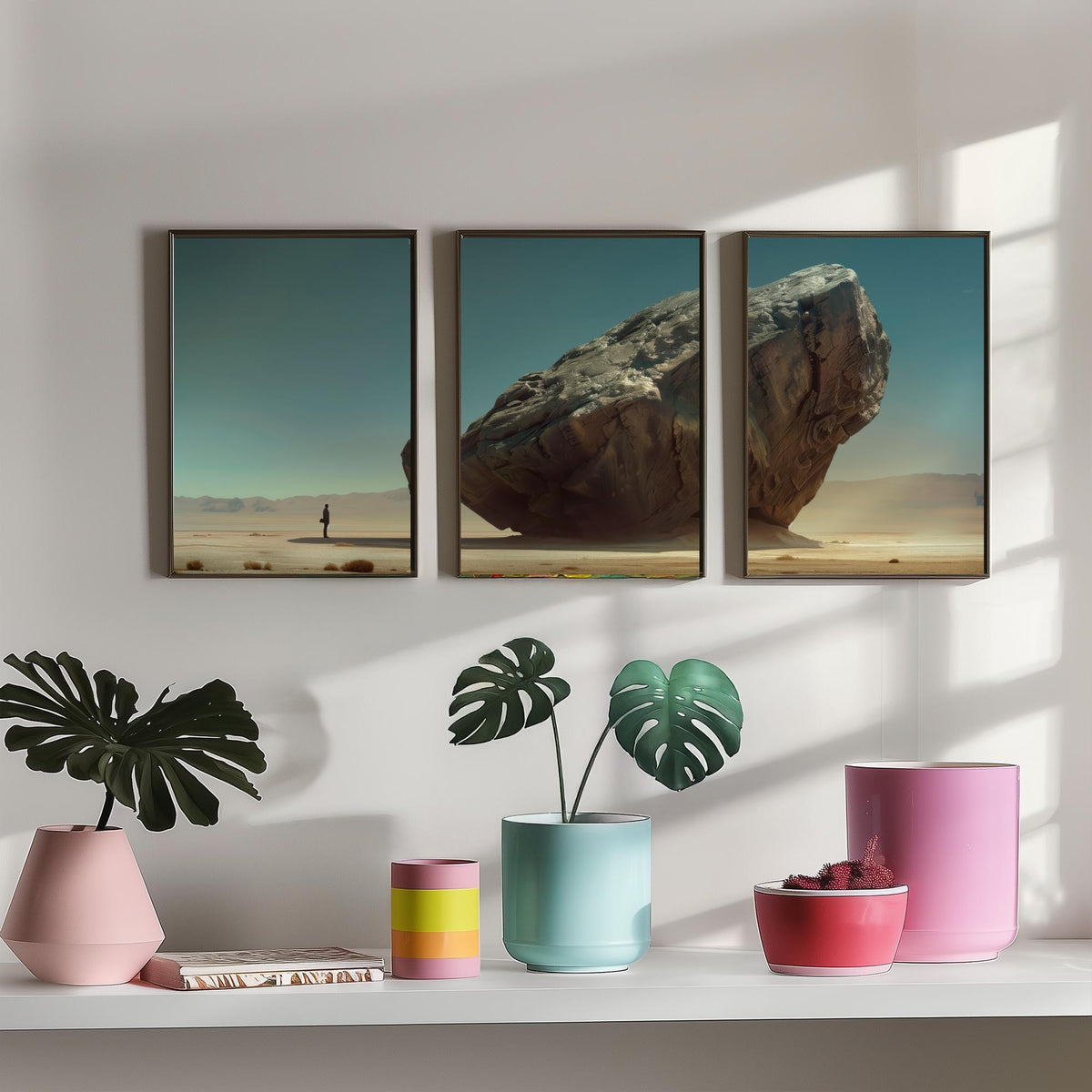 Giant Rock Set of Three Art Prints - 3 Sci Fi Desert Posters - Surreal Teal Landscape Painting Wall Art Gift Monolith V2