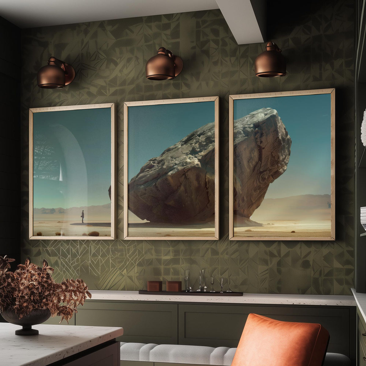 Giant Rock Set of Three Art Prints - 3 Sci Fi Desert Posters - Surreal Teal Landscape Painting Wall Art Gift Monolith V2