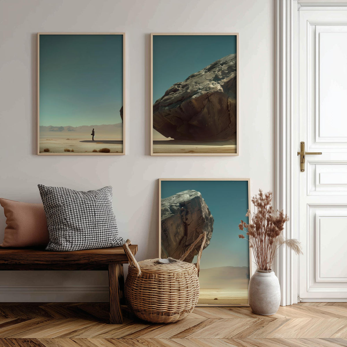 Giant Rock Set of Three Art Prints - 3 Sci Fi Desert Posters - Surreal Teal Landscape Painting Wall Art Gift Monolith V2
