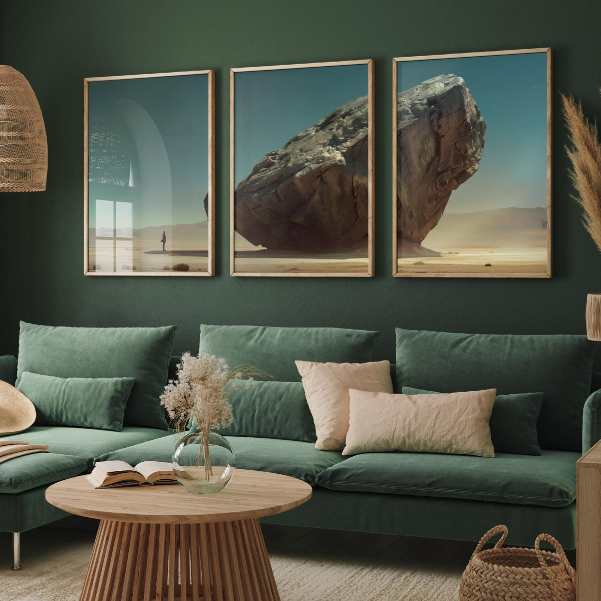 Giant Rock Set of Three Art Prints - 3 Sci Fi Desert Posters - Surreal Teal Landscape Painting Wall Art Gift Monolith V2