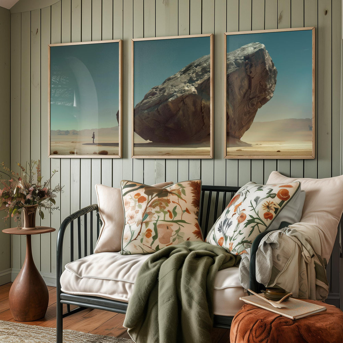 Giant Rock Set of Three Art Prints - 3 Sci Fi Desert Posters - Surreal Teal Landscape Painting Wall Art Gift Monolith V2
