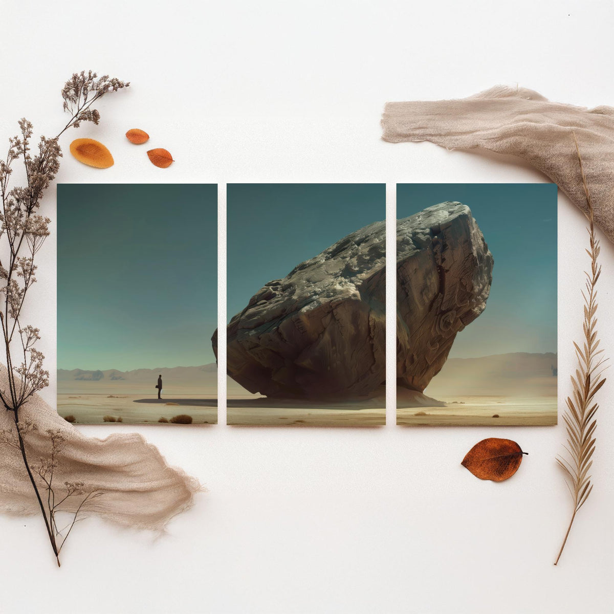 Giant Rock Set of Three Art Prints - 3 Sci Fi Desert Posters - Surreal Teal Landscape Painting Wall Art Gift Monolith V2