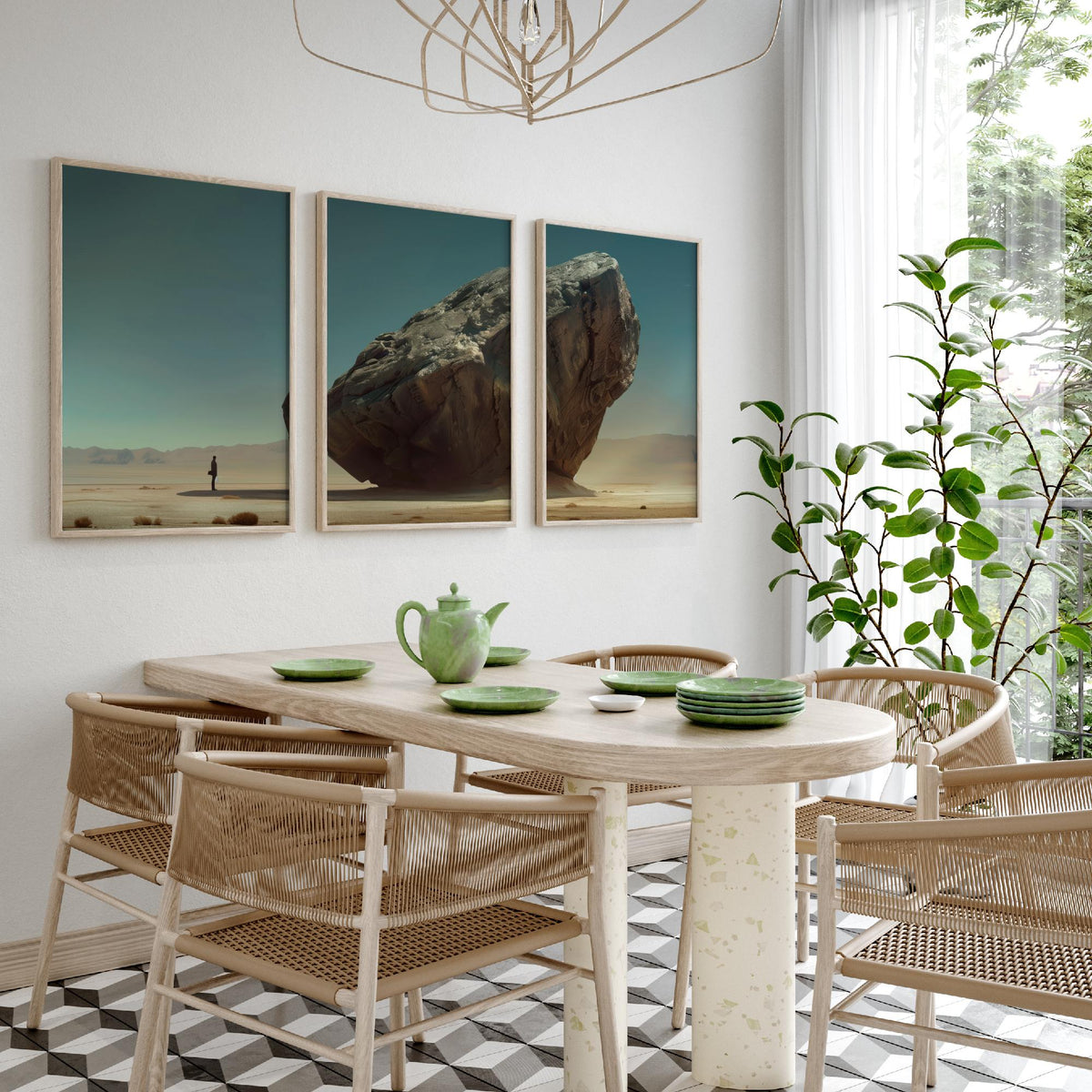 Giant Rock Set of Three Art Prints - 3 Sci Fi Desert Posters - Surreal Teal Landscape Painting Wall Art Gift Monolith V2