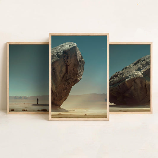 Giant Rock Set of Three Art Prints - 3 Sci Fi Desert Posters - Surreal Teal Landscape Painting Wall Art Gift Monolith V2