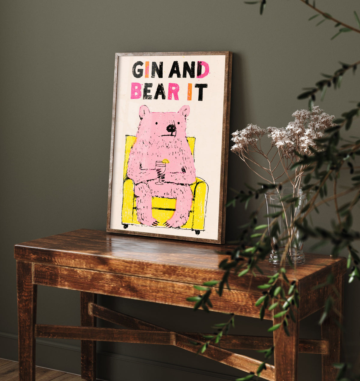 Gin and Bear It Art Print - Pink Bear in an Armchair Poster - Funny Gin Cocktail Illustration