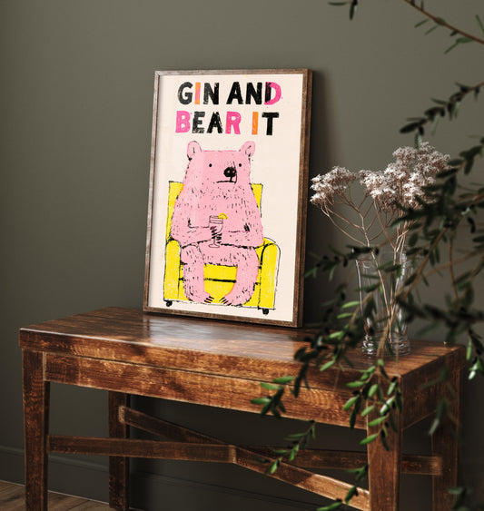 Gin and Bear It Art Print - Pink Bear in an Armchair Poster - Funny Gin Cocktail Illustration